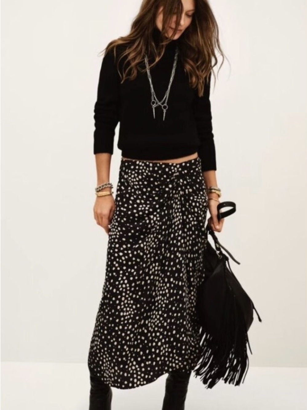 ba&sh Black Midi Skirt with White Spot Print